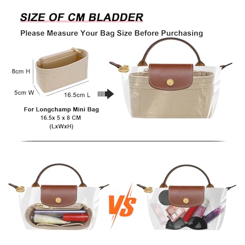 LOUKAYCCI Felt Purse Organizer Insert for Longchamp Mini bag Wihte Zipper Insert (Zipper Beige, Mini) - Image 3