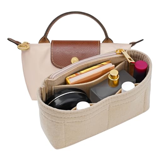 LOUKAYCCI Felt Purse Organizer Insert for Longchamp Mini bag Wihte Zipper Insert (Zipper Beige, Mini) - Image 1