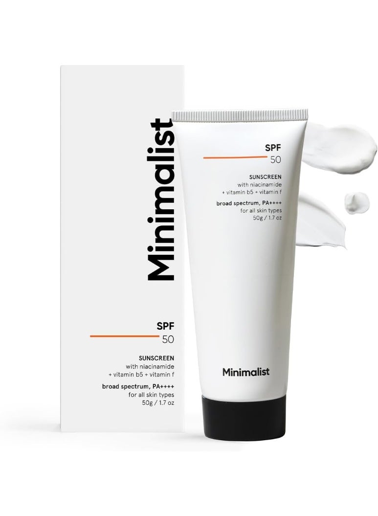 Minimalist SPF 50 Sunscreen with Niacinamide & Multi-Vitamins | Broad Spectrum UVA/UVB Protection PA ++++ | No White Cast, Lightweight & Matte Finish | Acne Safe Face Susncreen | 50g
