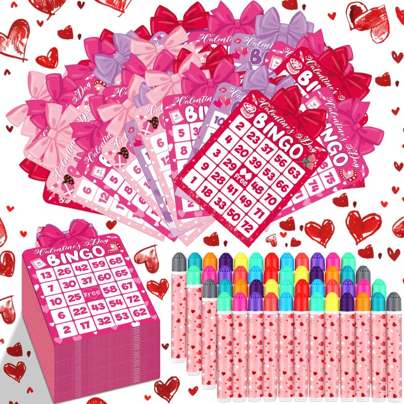 Eersida 192 Pack Valentine's Day Bingo Game Cards and 0.4 oz Dot Daubers Set Include 144 Bingo Cards 48 Dot Markers Galentine's Day Game Supplies for Love Gift Party Favor Family Play Night Activitie - Image 1