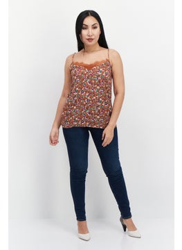 promod Women V Neck Sleeveless Floral Top, Brown Combo  - Image 4