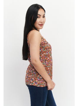 promod Women V Neck Sleeveless Floral Top, Brown Combo  - Image 2