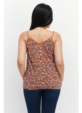 promod Women V Neck Sleeveless Floral Top, Brown Combo  - Image 3
