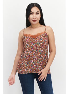 promod Women V Neck Sleeveless Floral Top, Brown Combo  - Image 1