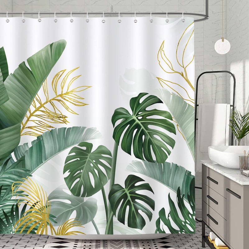 Bonhause Tropical Leaves Shower Curtain 180 x 180 cm Green Palm Leaf Botanical Plants Bathroom Curtain Waterproof Mildew  Mould Resistant Polyester Fabric Bath Curtain with 12 Hooks