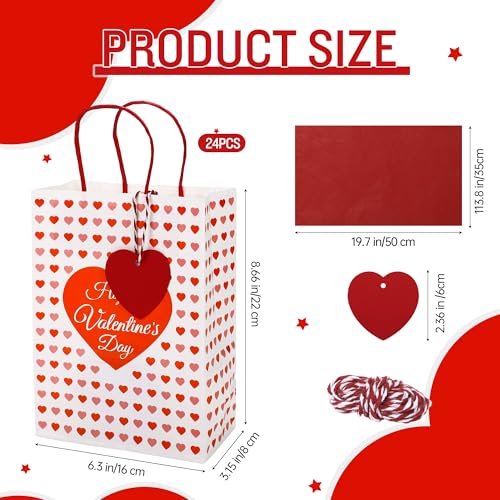 MIMIND 24 Pack Valentine's Day Gift Bags Heart Print Paper Gift Bags with Red Tissue Paper & Heart Tags Valentine’s Day Party Favor Bags for Valentines Wedding Anniversary Bridal Shower Gift Wrapping - Image 2