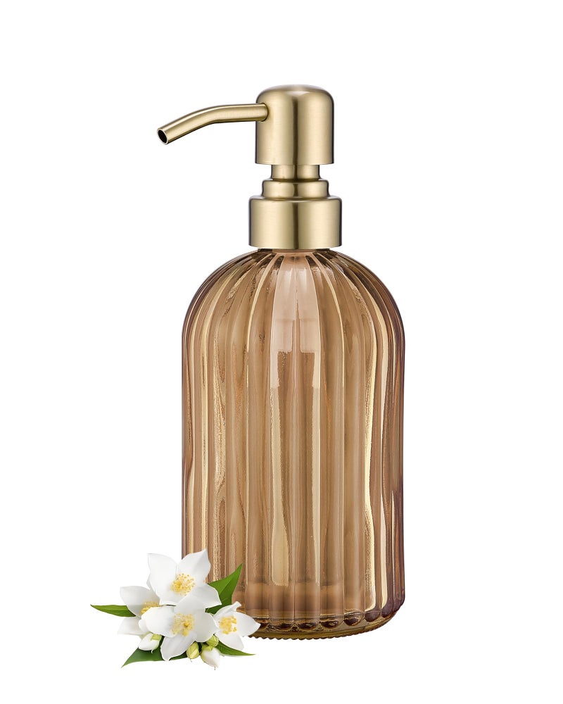 Leetcp 16 OZ Amber Glass Soap Dispenser, Amber Stripe Bathroom Hand Soap Dispensers with Stainless Steel Brushed Gold Pump,Brown Glass Kitchen Hand Soap Dispenser with Brushed Gold Pump - Image 1