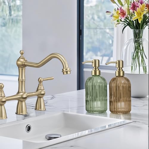 Leetcp 16 OZ Amber Glass Soap Dispenser, Amber Stripe Bathroom Hand Soap Dispensers with Stainless Steel Brushed Gold Pump,Brown Glass Kitchen Hand Soap Dispenser with Brushed Gold Pump - Image 4