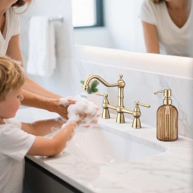 Leetcp 16 OZ Amber Glass Soap Dispenser, Amber Stripe Bathroom Hand Soap Dispensers with Stainless Steel Brushed Gold Pump,Brown Glass Kitchen Hand Soap Dispenser with Brushed Gold Pump - Image 3