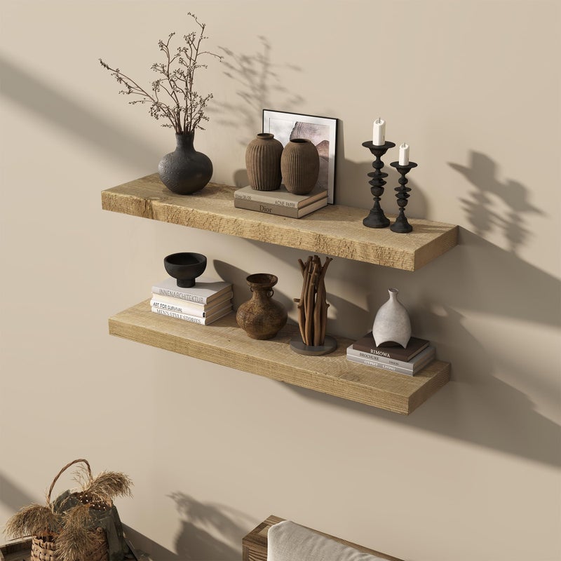Acovy 36" Long Solid Reclaimed Wood Floating Shelves, Rustic Heavy-Duty Wall Shelves with Invisible Bracket, 8" Deep Floating Shelf for Living Room, Bathroom, Bedroom and Kitchen, Set of 2, Natural - Image 2