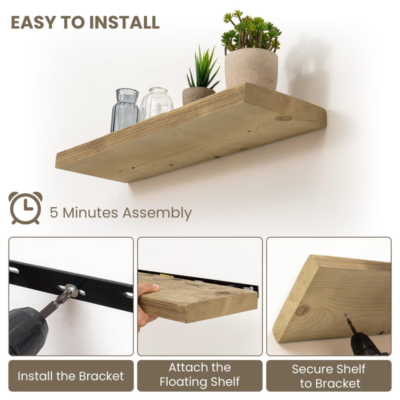 Acovy 36" Long Solid Reclaimed Wood Floating Shelves, Rustic Heavy-Duty Wall Shelves with Invisible Bracket, 8" Deep Floating Shelf for Living Room, Bathroom, Bedroom and Kitchen, Set of 2, Natural - Image 5