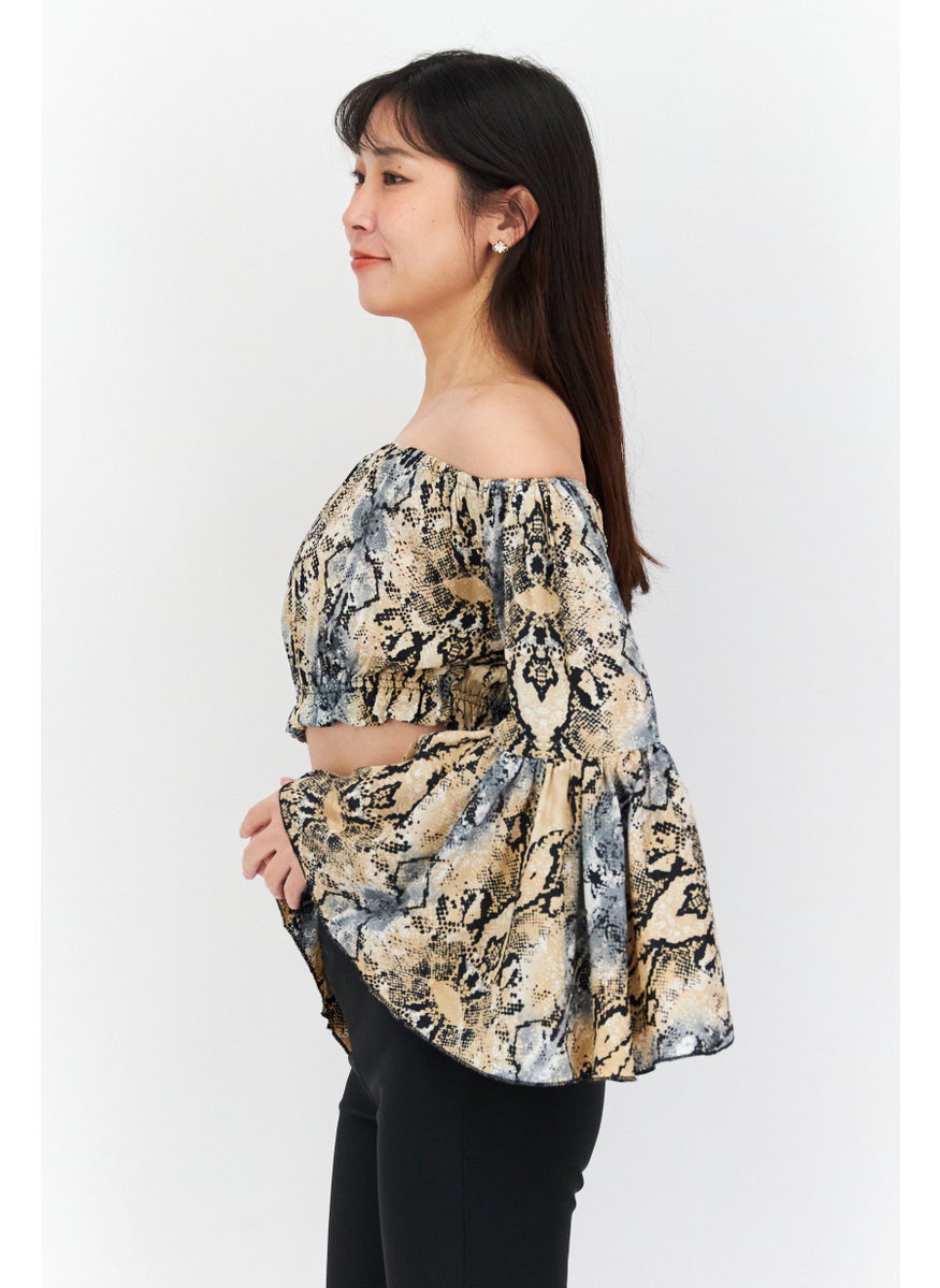 RAGA - Women Off Shoulder Long Sleeve Animal Print Top, Beige Combo - Image 1