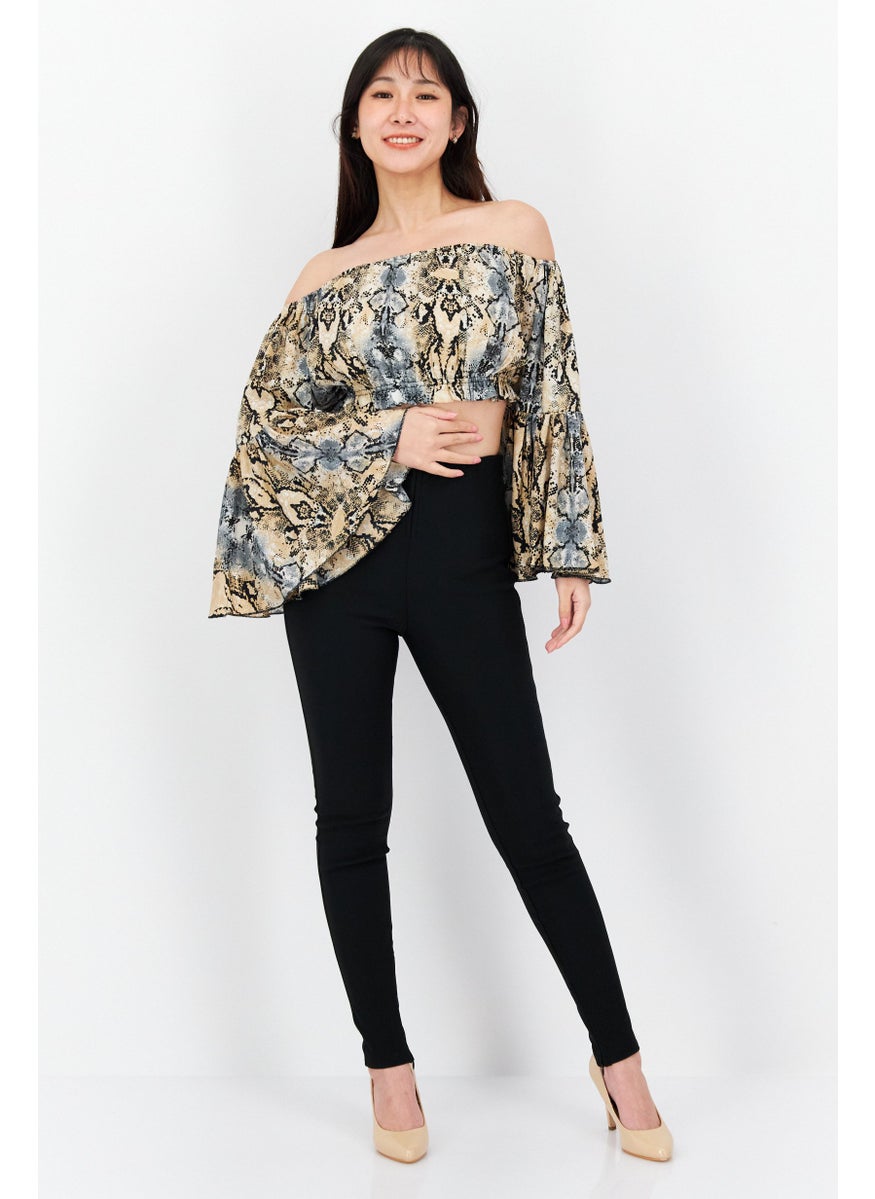 RAGA - Women Off Shoulder Long Sleeve Animal Print Top, Beige Combo - Image 1