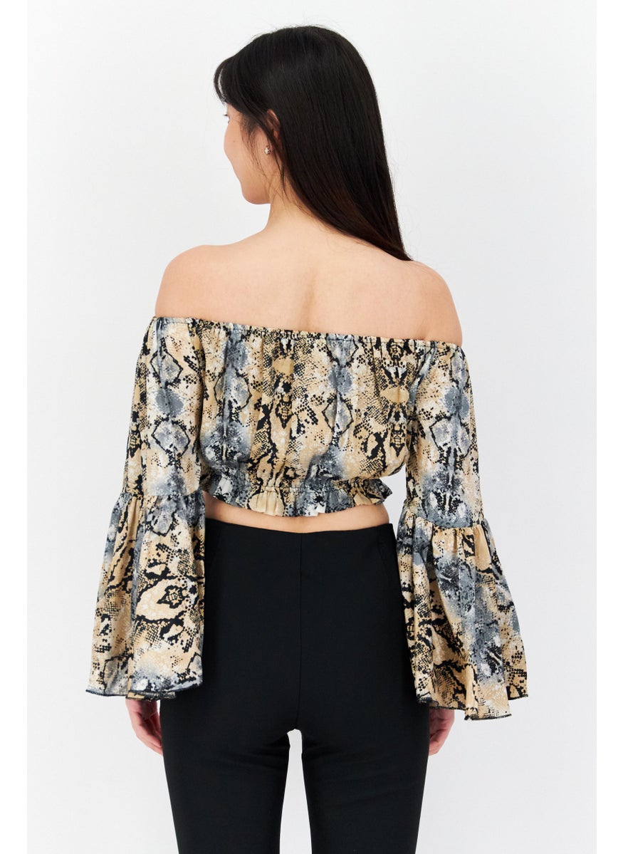 RAGA - Women Off Shoulder Long Sleeve Animal Print Top, Beige Combo - Image 1