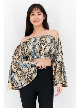 Women Off Shoulder Long Sleeve Animal Print Top, Beige Combo