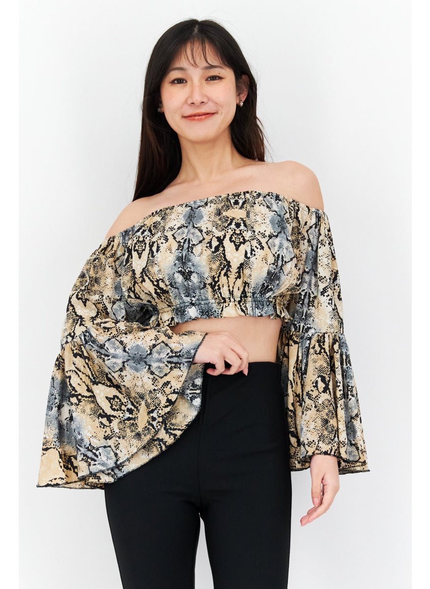 RAGA - Women Off Shoulder Long Sleeve Animal Print Top, Beige Combo - Image 1