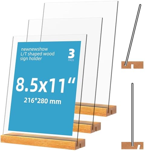 newnewshow® 8.5x11 Acrylic Sign Holder with Wood Base Wood Sign Holder Vertical or Slant Back Display - Image 1