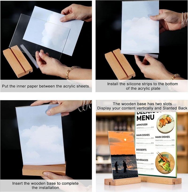 newnewshow® 8.5x11 Acrylic Sign Holder with Wood Base Wood Sign Holder Vertical or Slant Back Display - Image 3