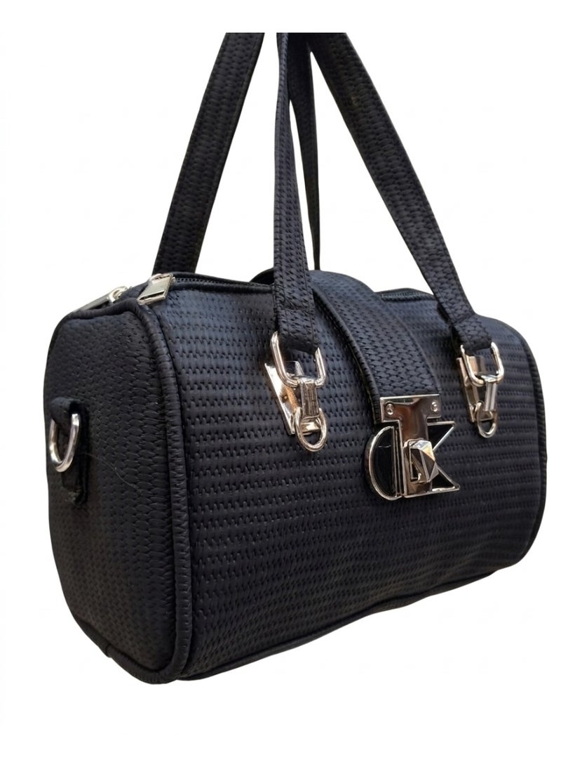 Women's Small Handbag,Woven Design, Silver Metal Accessories (Black)