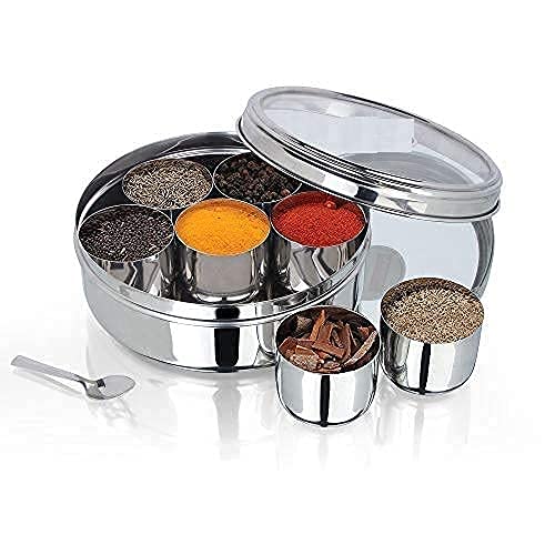RJ kitchenware Store متجر أدوات المطبخ RJ علبة ماسالا من الفولاذ المقاوم للصدأ بغطاء شفاف مع 7 حاويات وملعقة حجم 11 185 سم قطر 15 لتر سعة متوسطة شكل بطن الفولاذ المقاوم للصدأ للتوابل ماسالا - Image 1