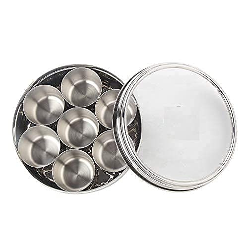 RJ kitchenware Store متجر أدوات المطبخ RJ علبة ماسالا من الفولاذ المقاوم للصدأ بغطاء شفاف مع 7 حاويات وملعقة حجم 11 185 سم قطر 15 لتر سعة متوسطة شكل بطن الفولاذ المقاوم للصدأ للتوابل ماسالا - Image 2