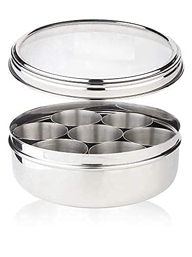 RJ kitchenware Store متجر أدوات المطبخ RJ علبة ماسالا من الفولاذ المقاوم للصدأ بغطاء شفاف مع 7 حاويات وملعقة حجم 11 185 سم قطر 15 لتر سعة متوسطة شكل بطن الفولاذ المقاوم للصدأ للتوابل ماسالا - Image 5