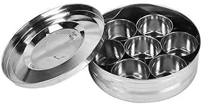 RJ kitchenware Store متجر أدوات المطبخ RJ علبة ماسالا من الفولاذ المقاوم للصدأ بغطاء شفاف مع 7 حاويات وملعقة حجم 11 185 سم قطر 15 لتر سعة متوسطة شكل بطن الفولاذ المقاوم للصدأ للتوابل ماسالا - Image 4