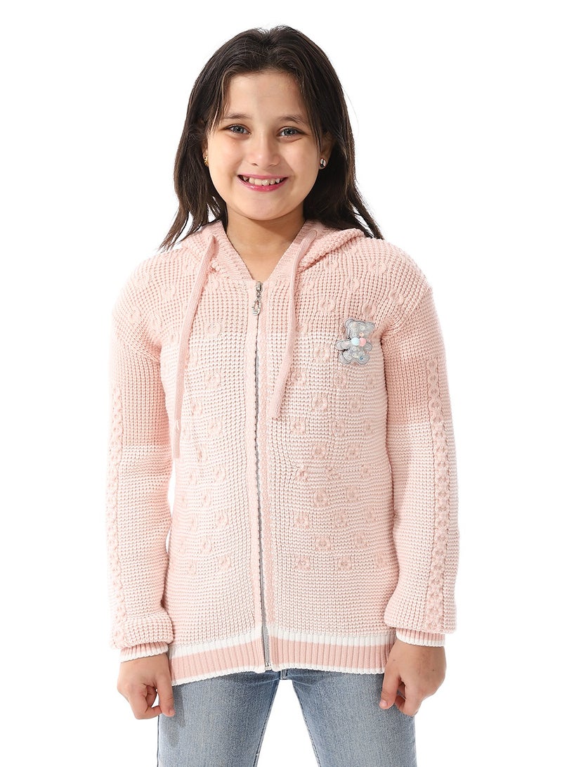 Andora Regular Fit Girls Hooded Sweater_ Pastel Pink & White - Image 1