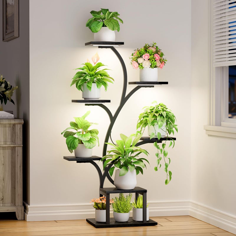 BACEKOLL Plant Stand Indoor with Grow Lights, 7 Tiered Indoor Plant Shelf, 49" Corner Plant Stands for Indoor Plants, Metal Plant Flower Display Shelf, Tree-Shaped Plant Rack for Home, Black - Image 1
