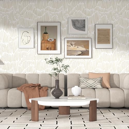 Theper Beige Wallpaper 17.3"×78.8" Modern Striped Peel and Stick Wallpaper Boho Removable Self Adhesive Wall Paper for Bedroom Waterproof White and Gold Contact Paper for Cabinets Vinyl - Image 4