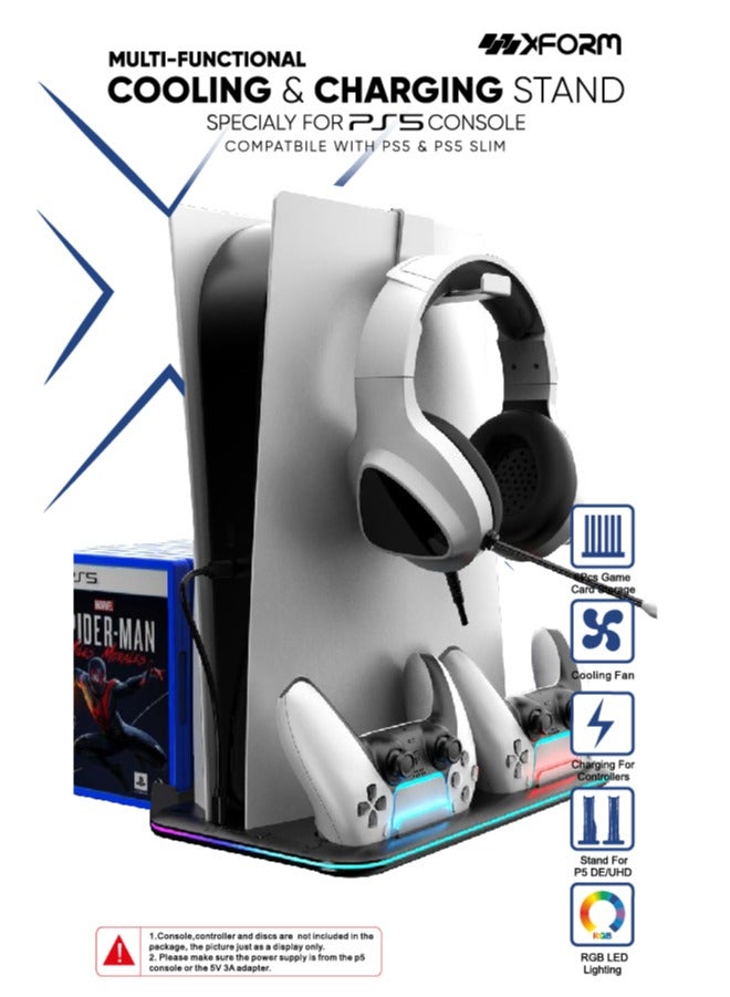 إكس فورم حامل PS5 ومحطة تبريد مع محطة شحن وحدة تحكم مزدوجة لوحدة تحكم Sony PlayStation 5، بما في ذلك ملحقات PS5. شاحن وحدة التحكم، مروحة تبريد، حامل سماعة الرأس (تناسب إصدارات PS5 FAT، SLIM، SLIM PRO) اسود - Image 1