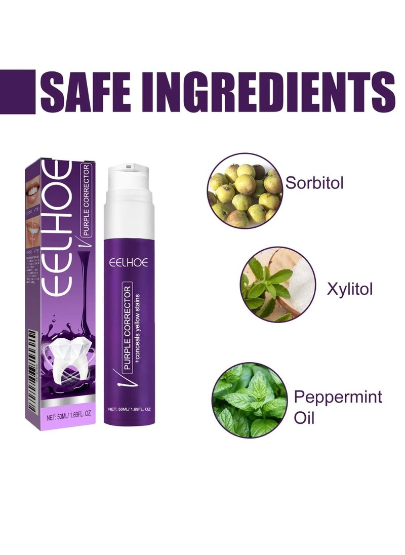EELHOE Purple Corrector Toothpaste 50ml V34 Teeth Color Correcting Toothpaste Teeth Whitening Purple Serum Yellow Teeth Colour Correcting Whitening Gel Remove Tea Coffee Stains Oral Care  - Image 5