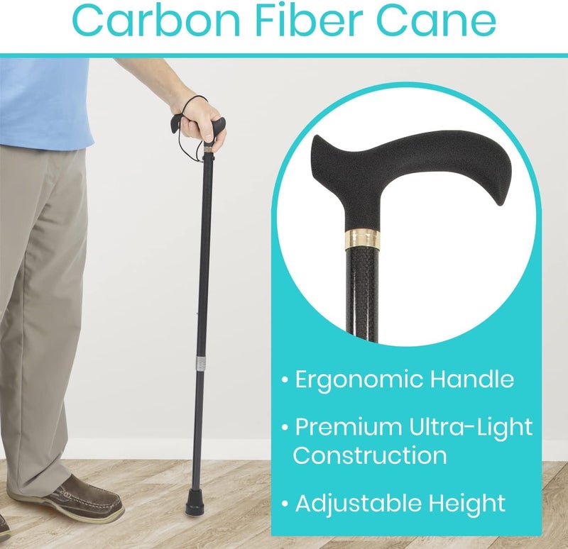 Vive Adjustable Carbon Fiber Walking Cane for Elderly Men  Women  Lightweight Grip Handle for Balance  Comfort  Fancy Single Tip Medical Stick Fashionable Disability Comfort  Mobility Accessory - Image 2