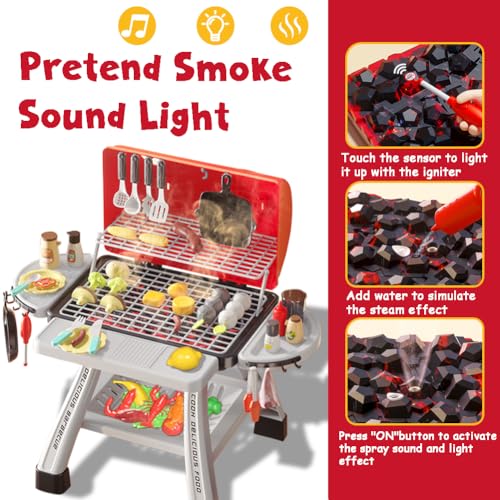 Kimicare Kids BBQ Grill Playset Play Kitchen Toys Grill with Smoke Sound Light Simulation Pretend Play Food for Toddlers 35 Camping Cooking Set Birthday Gifts Christmas for Grandkids - Image 5