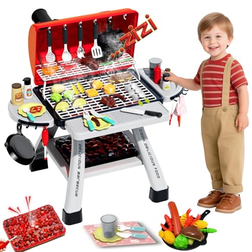 Kimicare Kids BBQ Grill Playset Play Kitchen Toys Grill with Smoke Sound Light Simulation Pretend Play Food for Toddlers 35 Camping Cooking Set Birthday Gifts Christmas for Grandkids - Image 1