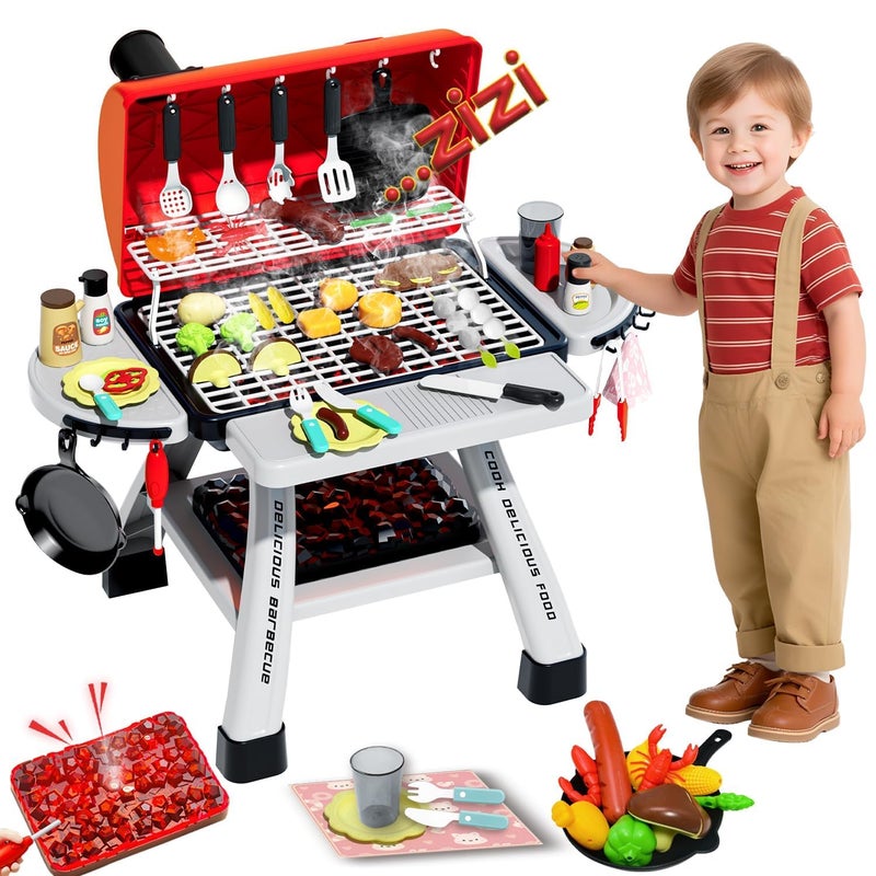 Kimicare Kids BBQ Grill Playset Play Kitchen Toys Grill with Smoke Sound Light Simulation Pretend Play Food for Toddlers 35 Camping Cooking Set Birthday Gifts Christmas for Grandkids - Image 3