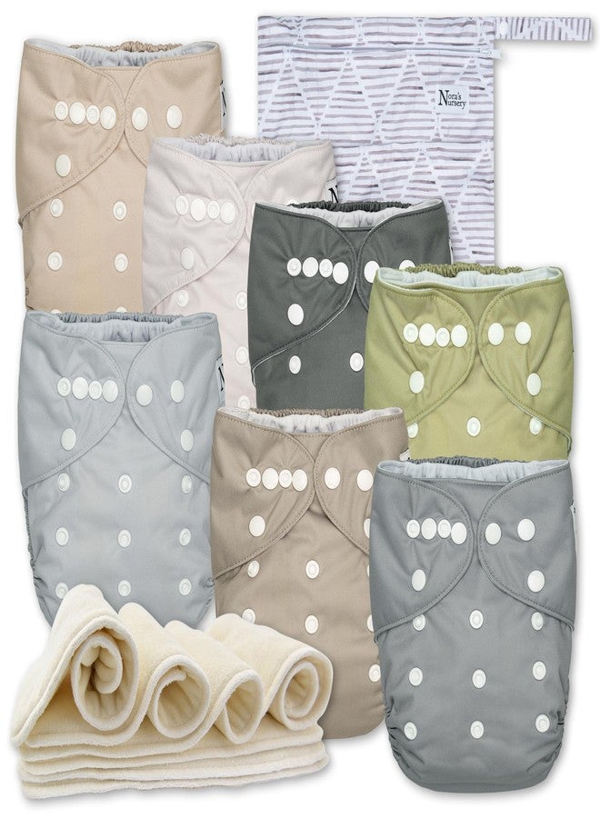 Nora's Nursery Cloth Diapers 7 Pack with 7 Inserts & 1 Wet Bag - Waterproof Cover, Washable, Reusable & One Size Adjustable Pocket Diapers for Newborns and Toddlers - Sand and Stone - Image 1