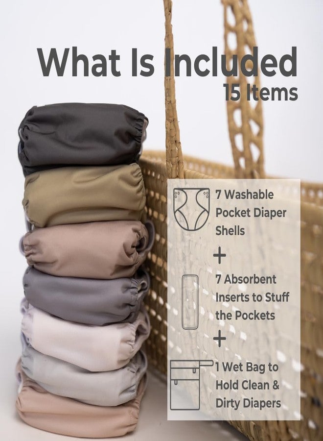 Nora's Nursery Cloth Diapers 7 Pack with 7 Inserts & 1 Wet Bag - Waterproof Cover, Washable, Reusable & One Size Adjustable Pocket Diapers for Newborns and Toddlers - Sand and Stone - Image 2