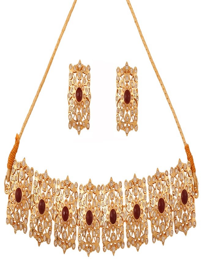 تتش ستون مجموعة مجوهرات Touchstone Mughal Jali، مطلية بالذهب، مستوحاة من الطراز الهندي المغولي وبوليوود، مرصعة بالياقوت الأحمر الصناعي والماس الأبيض، طقم عقد تشوكر للنساء - Image 1