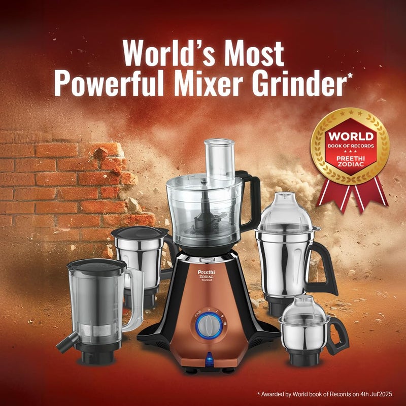 بريثي Preethi Zodiac Stardust Mixer Grinder for Kitchen, 5 Jars 750 Watt Mixie (3 Stainless steel Jars +1 Juicer Jar+1 Master Chef Plus Food processor Jar), Black/Copper (MG-265) 1.5 L 750 W MG-265 Copper/Black - Image 2