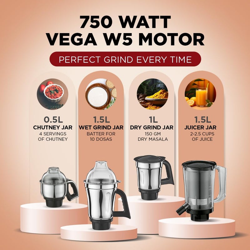 بريثي Preethi Zodiac Stardust Mixer Grinder for Kitchen, 5 Jars 750 Watt Mixie (3 Stainless steel Jars +1 Juicer Jar+1 Master Chef Plus Food processor Jar), Black/Copper (MG-265) 1.5 L 750 W MG-265 Copper/Black - Image 4