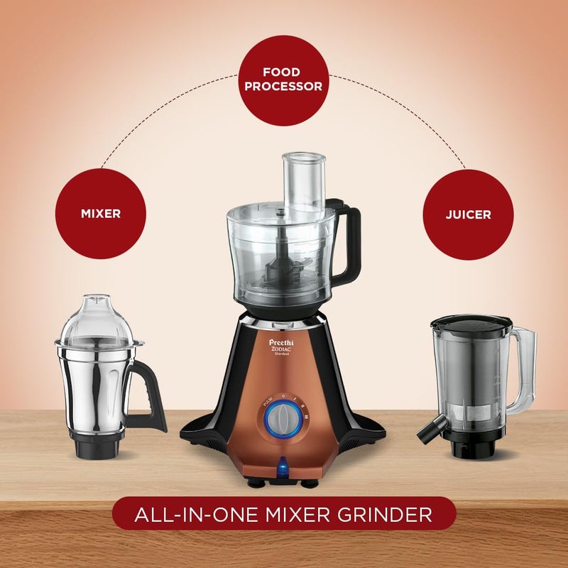 بريثي Preethi Zodiac Stardust Mixer Grinder for Kitchen, 5 Jars 750 Watt Mixie (3 Stainless steel Jars +1 Juicer Jar+1 Master Chef Plus Food processor Jar), Black/Copper (MG-265) 1.5 L 750 W MG-265 Copper/Black - Image 3