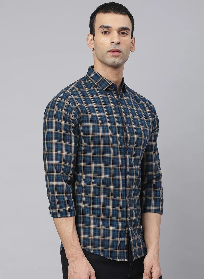 Dennis Lingo Men's Slim Fit Teal Blue Casual Cotton Spread Shirt