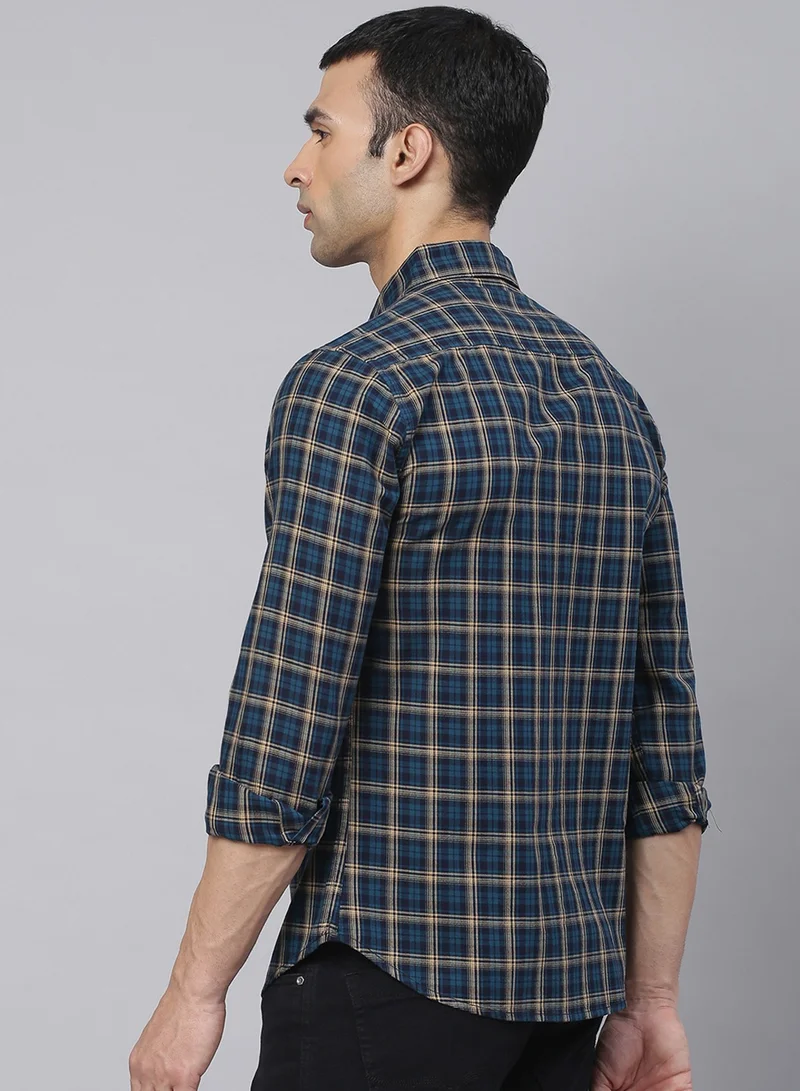 Dennis Lingo Men's Slim Fit Teal Blue Casual Cotton Spread Shirt