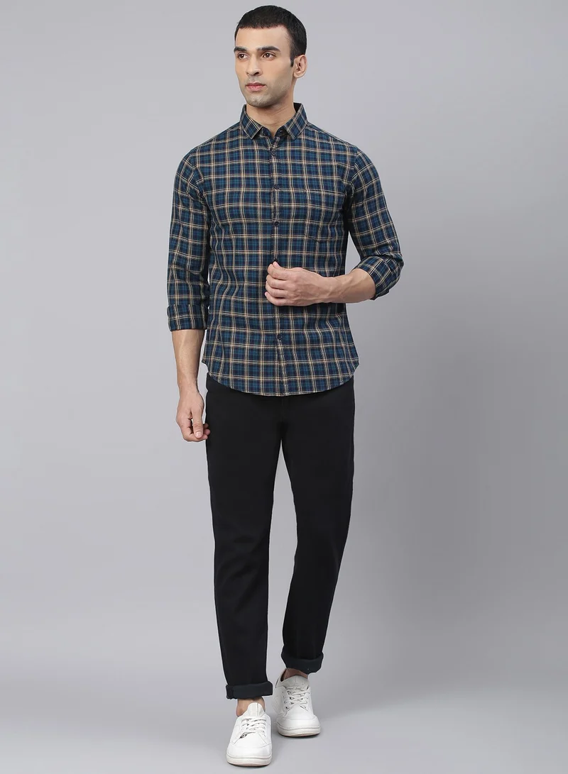 Dennis Lingo Men's Slim Fit Teal Blue Casual Cotton Spread Shirt