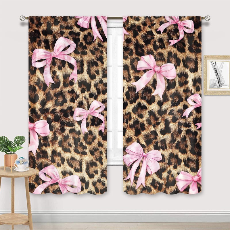 Cinbloo Pink Bow Leopard Print Curtains 42Wx63H Inch Rod Pocket Preppy Girly Modern Cheetah Cute Pretty Sweet for Girls Art Printed Retro Fashion Living Room Bedroom Window Drapes Treatment 2 Panels - Image 1