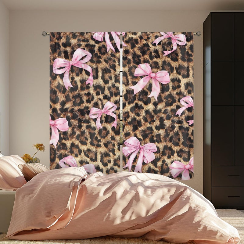 Cinbloo Pink Bow Leopard Print Curtains 42Wx63H Inch Rod Pocket Preppy Girly Modern Cheetah Cute Pretty Sweet for Girls Art Printed Retro Fashion Living Room Bedroom Window Drapes Treatment 2 Panels - Image 3