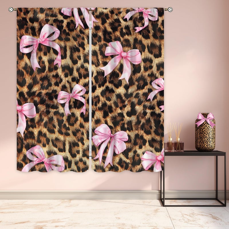 Cinbloo Pink Bow Leopard Print Curtains 42Wx63H Inch Rod Pocket Preppy Girly Modern Cheetah Cute Pretty Sweet for Girls Art Printed Retro Fashion Living Room Bedroom Window Drapes Treatment 2 Panels - Image 2