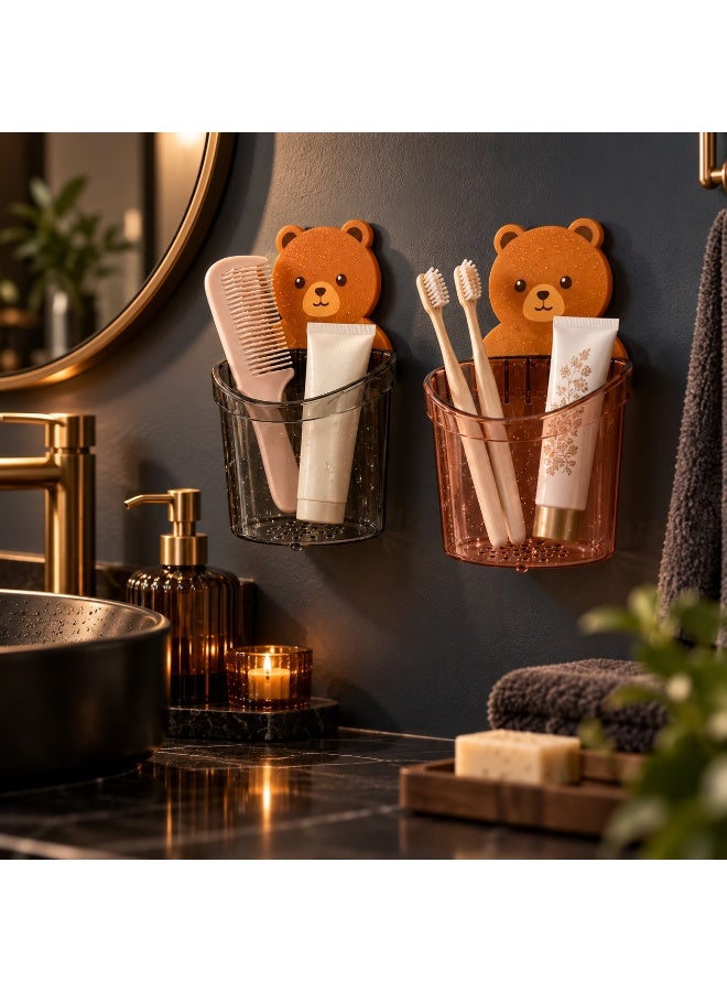 Lamset Gamal 2-Piece Bear Wall-Mounted Toothbrush Holder Set for Kids, Water-Resistant, Adhesive No-Drill Bathroom Organizer - Image 2