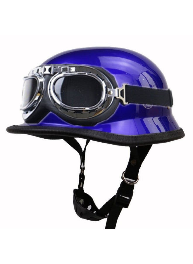 Retro Motorcycle Helmet with Flat-Angle Goggles, Blue Silver Frame, DOT Protective